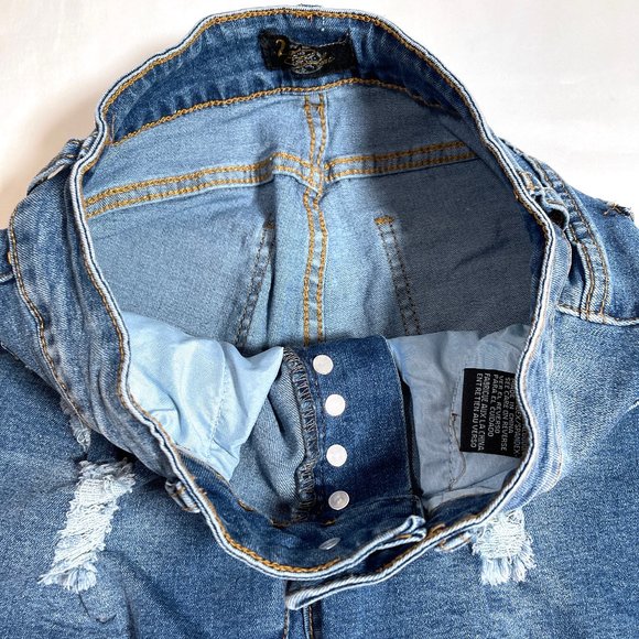 2 blue Distressed Button Denim Shorts - Picture 3 of 6